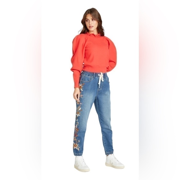 Driftwood x Free People Feathery Leaf Drawstring Denim Joggers embroidery - Picture 8 of 16